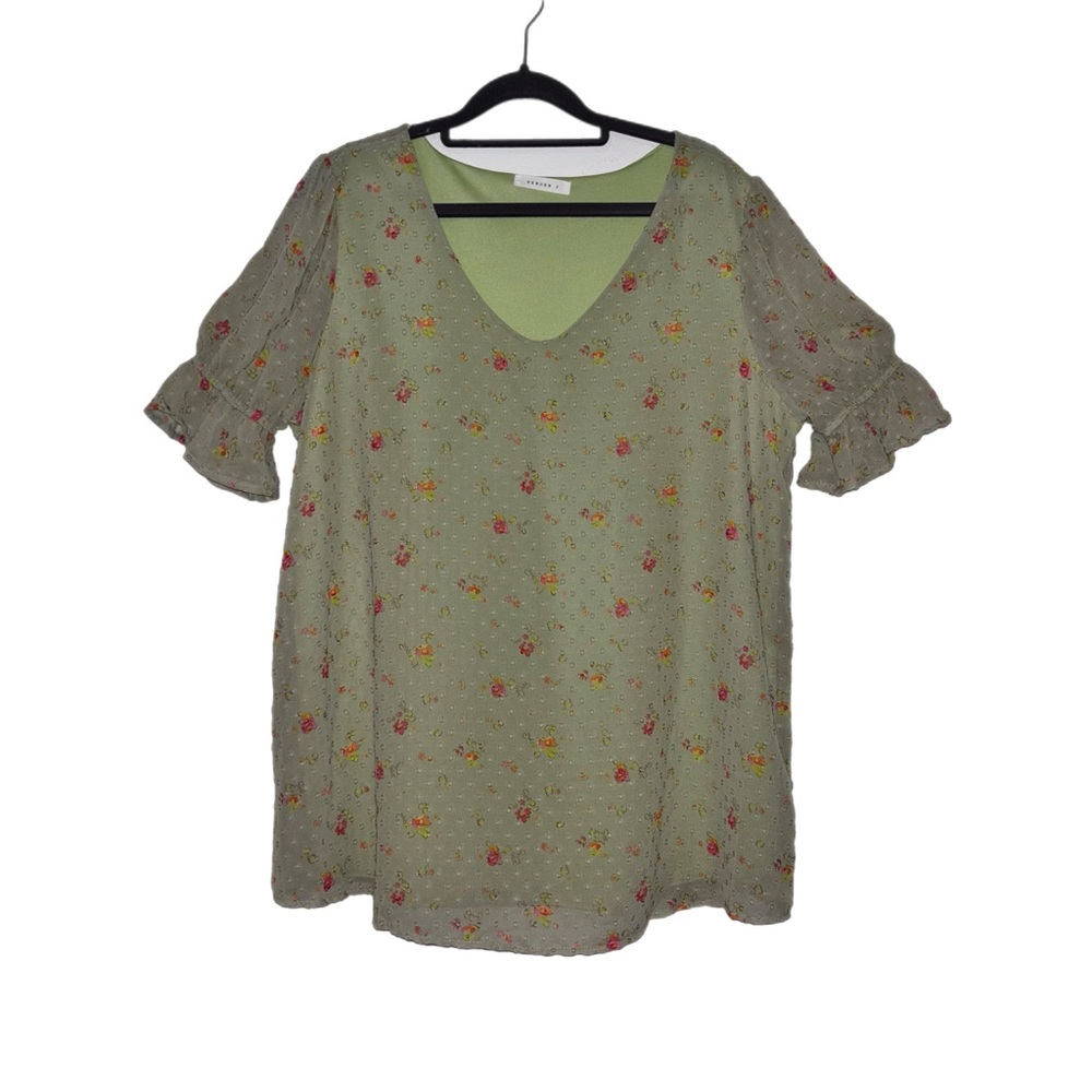 Reborn J Olive green with red flowers Blouse NWOT